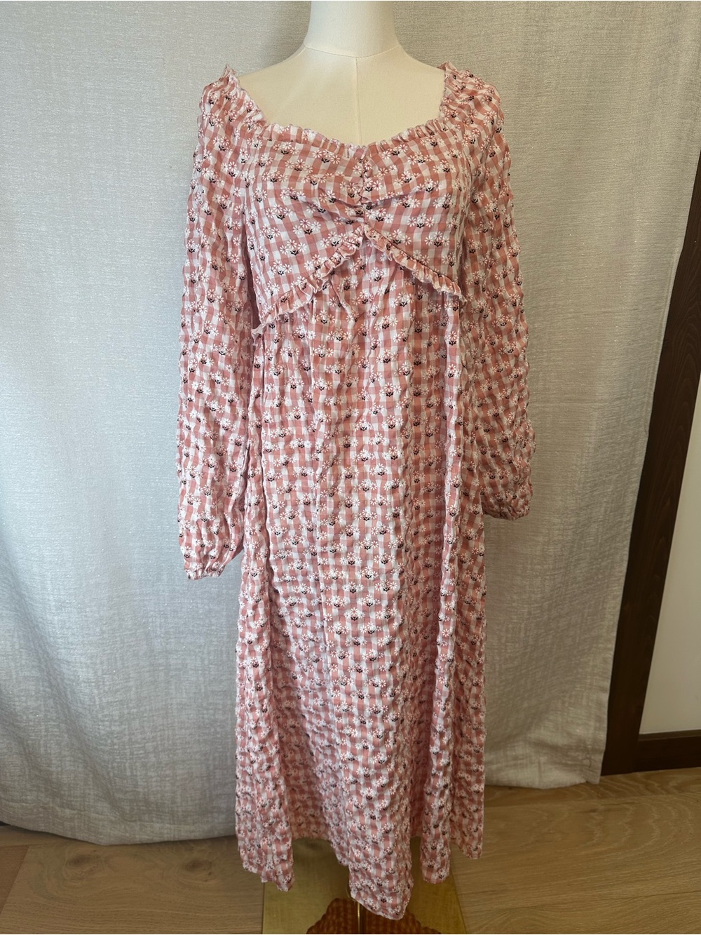 Suzanne Betro Cottagecore Boho Prairie Floral Gingham Smocked Ruffle Maxi Dress
